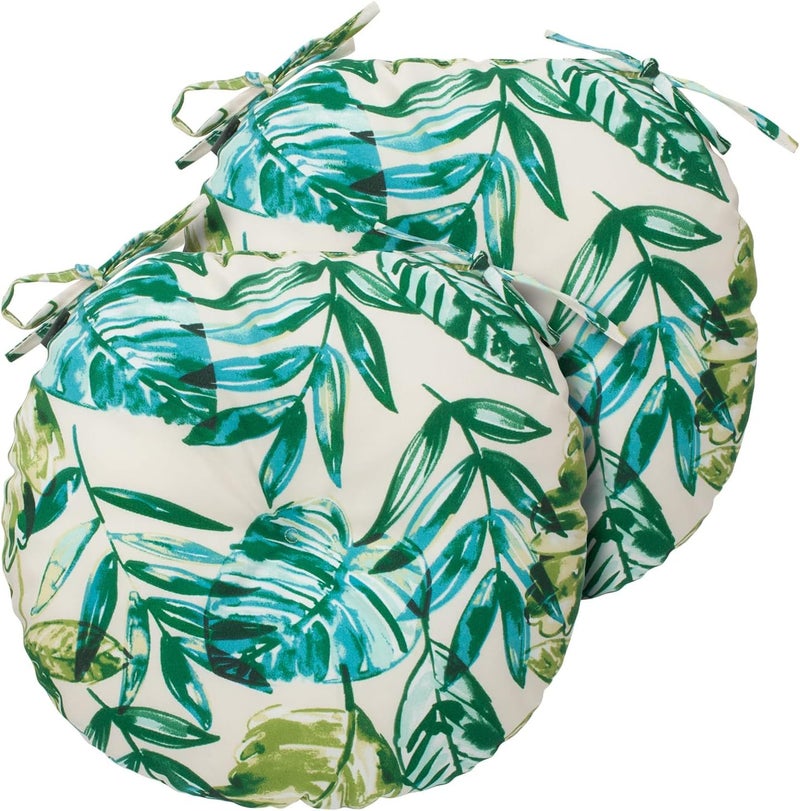 FUNHOME Bistro Chair Cushions 15 inch,Set of 2,Tufted Tropical Round Chair Cushions with Ties,15"x15"x4",Water Resistant Round Seat Cushion for Barstool,Patio Garden Kitchen Outdoor Furniture(Palm Leaf) - Image 2