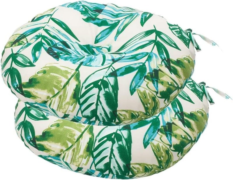 FUNHOME Bistro Chair Cushions 15 inch,Set of 2,Tufted Tropical Round Chair Cushions with Ties,15"x15"x4",Water Resistant Round Seat Cushion for Barstool,Patio Garden Kitchen Outdoor Furniture(Palm Leaf) - Image 1