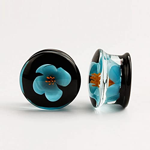 KUBOOZ(1 Pair Glass-handmade Blue Flower Ear Plugs Tunnels Gauges Stretcher Piercings 00g to 5/8" - Image 4