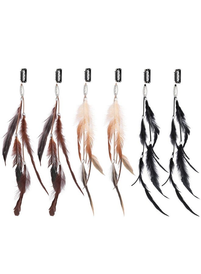 RONRONS Onrons 6 Pack Handmade Boho Hippie Hair Extensions With Feather Clip Comb Headdress Diy Accessories For Women (Brown Black Khaki) - Image 1