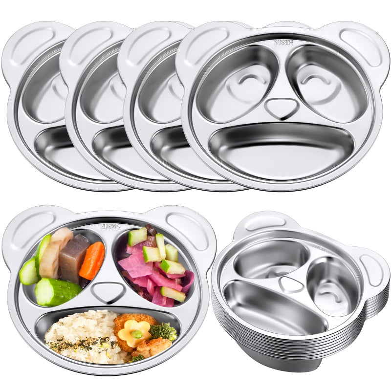 Lounsweer Set of 8 304 Stainless Steel Kids Plates 3 Sections Unbreakable Metal Cute Panda Shape Compartment Plates for Toddler Picky Eaters Lunch Camping
