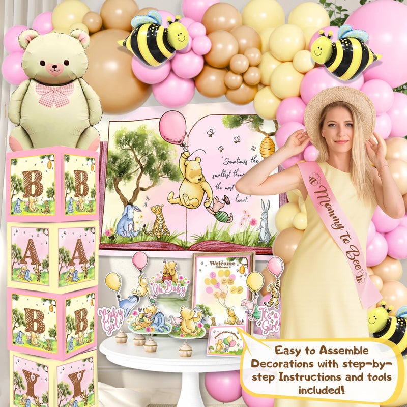 RainMeadow 268 Pieces Winnie Baby Shower Decorations Kit, All-in-1 Whimsical the Pooh Party Pack With Balloon Arch, Guestbook Poster, Baby Boxes with Letters - Yellow, Pink, Green - Image 3