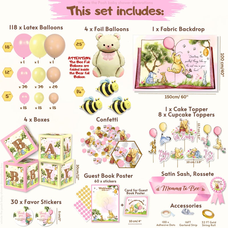 RainMeadow 268 Pieces Winnie Baby Shower Decorations Kit, All-in-1 Whimsical the Pooh Party Pack With Balloon Arch, Guestbook Poster, Baby Boxes with Letters - Yellow, Pink, Green - Image 4