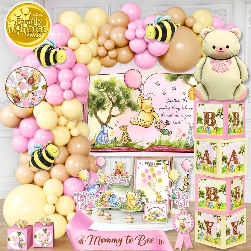 RainMeadow 268 Pieces Winnie Baby Shower Decorations Kit, All-in-1 Whimsical the Pooh Party Pack With Balloon Arch, Guestbook Poster, Baby Boxes with Letters - Yellow, Pink, Green - Image 1