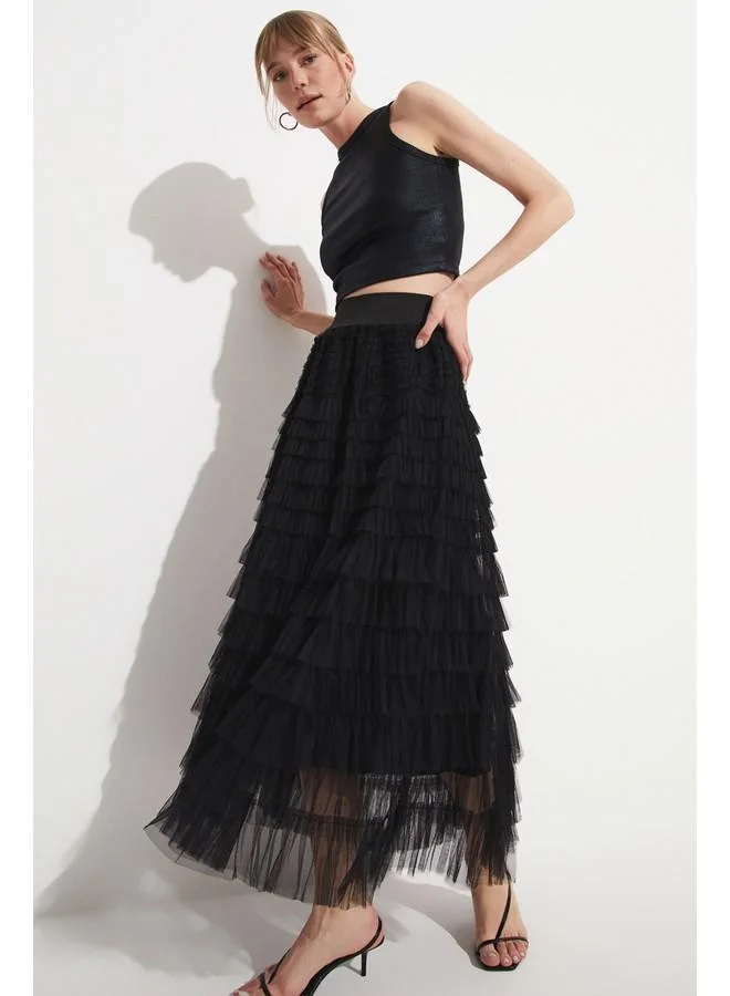 JUNE June Ruffle Tulle Skirt Black