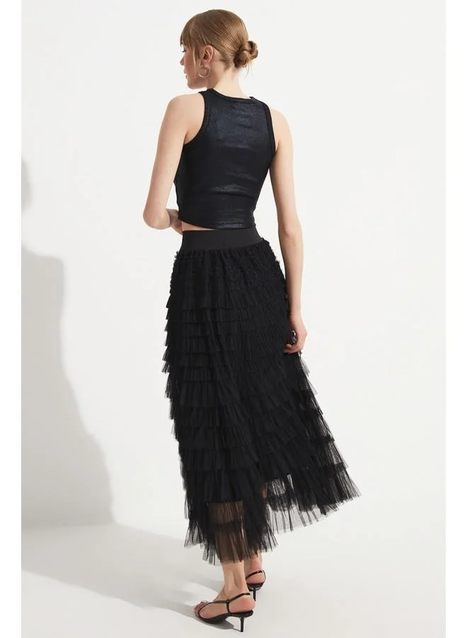 JUNE June Ruffle Tulle Skirt Black