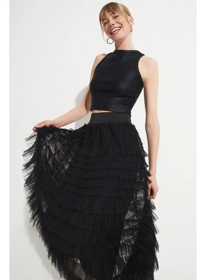 JUNE June Ruffle Tulle Skirt Black