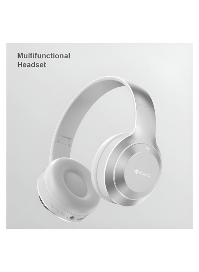 Kisonli A1 High-Quality Bluetooth Headphones with TF and AUX Support - Foldable - 400mAh Battery for 20 Hours - Silver