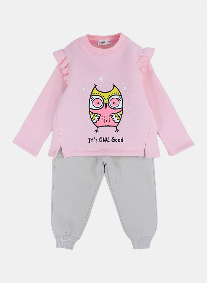 اوركيدز طقم بيجامة بناتي قطن وردي بطبعة بومة - Image 2