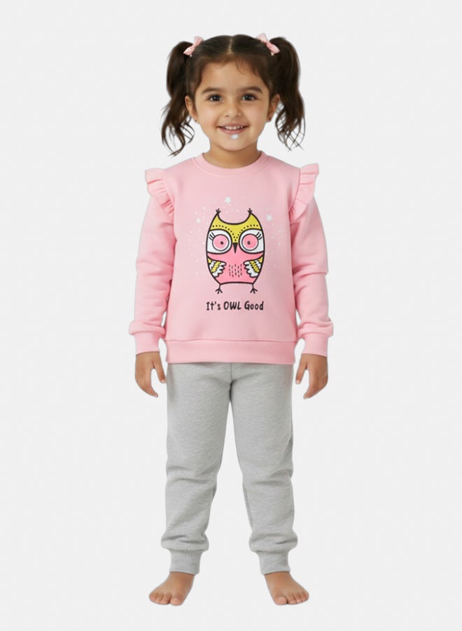 اوركيدز طقم بيجامة بناتي قطن وردي بطبعة بومة - Image 1