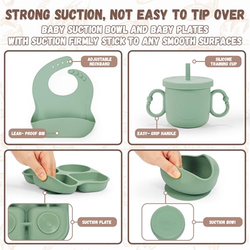 MIICASA Silicone Baby Feeding Set, Baby Led Weaning Supplies, Baby Food Tableware Silicone Suction Plate, Bowl, Spoons, Fork, Waterproof Bib, Cup & Complementary Food Cake Mold, Baby Eating Utensils - Image 5