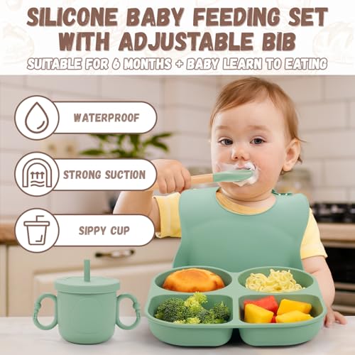 MIICASA Silicone Baby Feeding Set, Baby Led Weaning Supplies, Baby Food Tableware Silicone Suction Plate, Bowl, Spoons, Fork, Waterproof Bib, Cup & Complementary Food Cake Mold, Baby Eating Utensils - Image 3