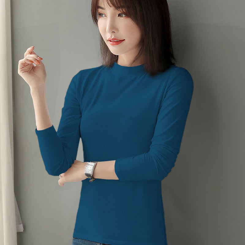 Pure Cotton Autumn Pullover Solid Color Black and White T-shirt Women's Inner Slim-fit All-match Korean-style Half-high Collar Long-sleeved Base Shirt - Image 5