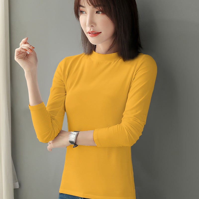 Pure Cotton Autumn Pullover Solid Color Black and White T-shirt Women's Inner Slim-fit All-match Korean-style Half-high Collar Long-sleeved Base Shirt - Image 4