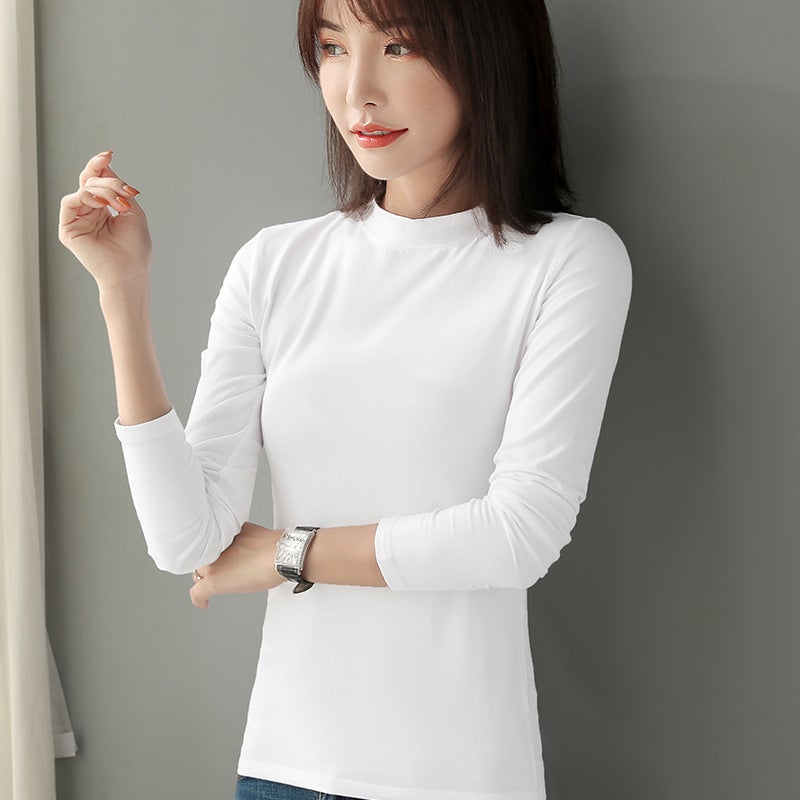 Pure Cotton Autumn Pullover Solid Color Black and White T-shirt Women's Inner Slim-fit All-match Korean-style Half-high Collar Long-sleeved Base Shirt - Image 2