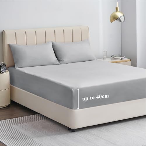 Aisbo Double Fitted Sheet Grey  Extra Deep Pocket Bed Sheet 16 inch 40 cm  Microfiber Bottom Sheet 135x190cm