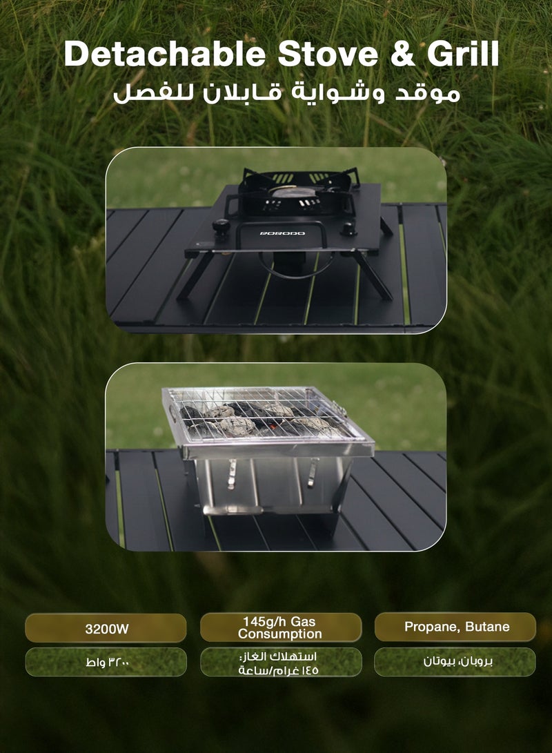 بورودو طاولة خارجية قابلة للطي متعددة الاستخدامات مع موقد وشواية / رحلات تخييم / شواء خارجي / إعداد سهل وسريع / ارتفاع قابل للتعديل 65 سم / حديقة وتراس / شواء - أسود - Image 3