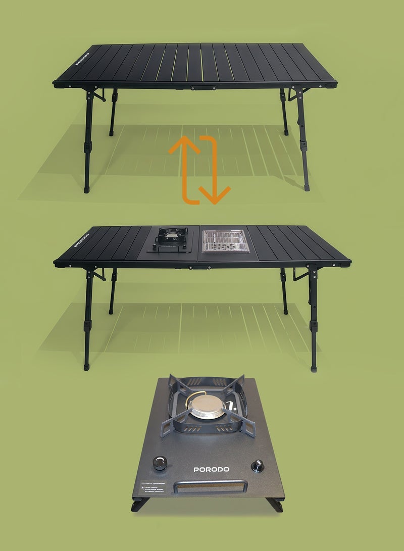 بورودو طاولة خارجية قابلة للطي متعددة الاستخدامات مع موقد وشواية / رحلات تخييم / شواء خارجي / إعداد سهل وسريع / ارتفاع قابل للتعديل 65 سم / حديقة وتراس / شواء - أسود - Image 5
