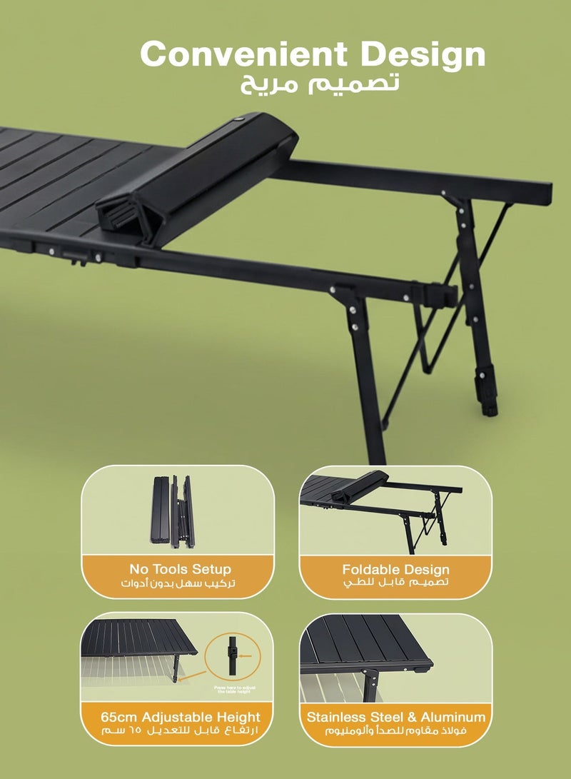 porodo All-In-One Outdoor Folding Table With Stove & Grill / Camping Trip / BBQ Outdoor / Easy & Quick Setup / 65cm Adjustable Height / Garden & Terrace / Barbecue - Black - Image 4