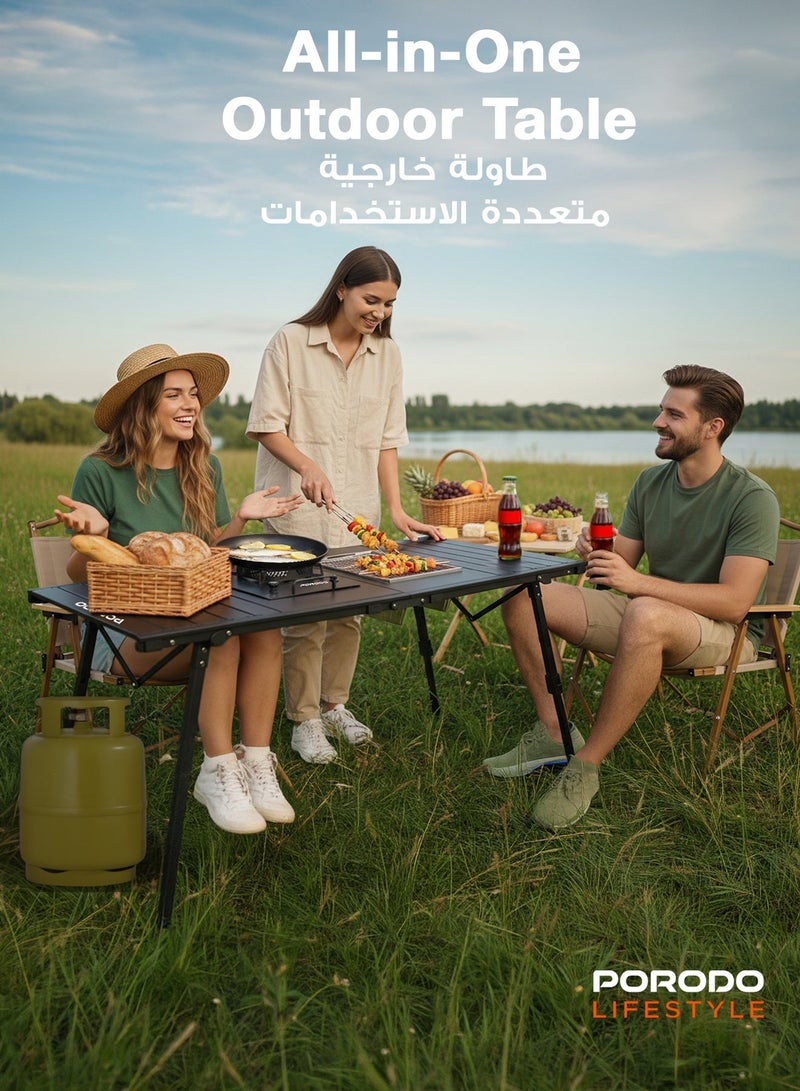 porodo All-In-One Outdoor Folding Table With Stove & Grill / Camping Trip / BBQ Outdoor / Easy & Quick Setup / 65cm Adjustable Height / Garden & Terrace / Barbecue - Black - Image 2