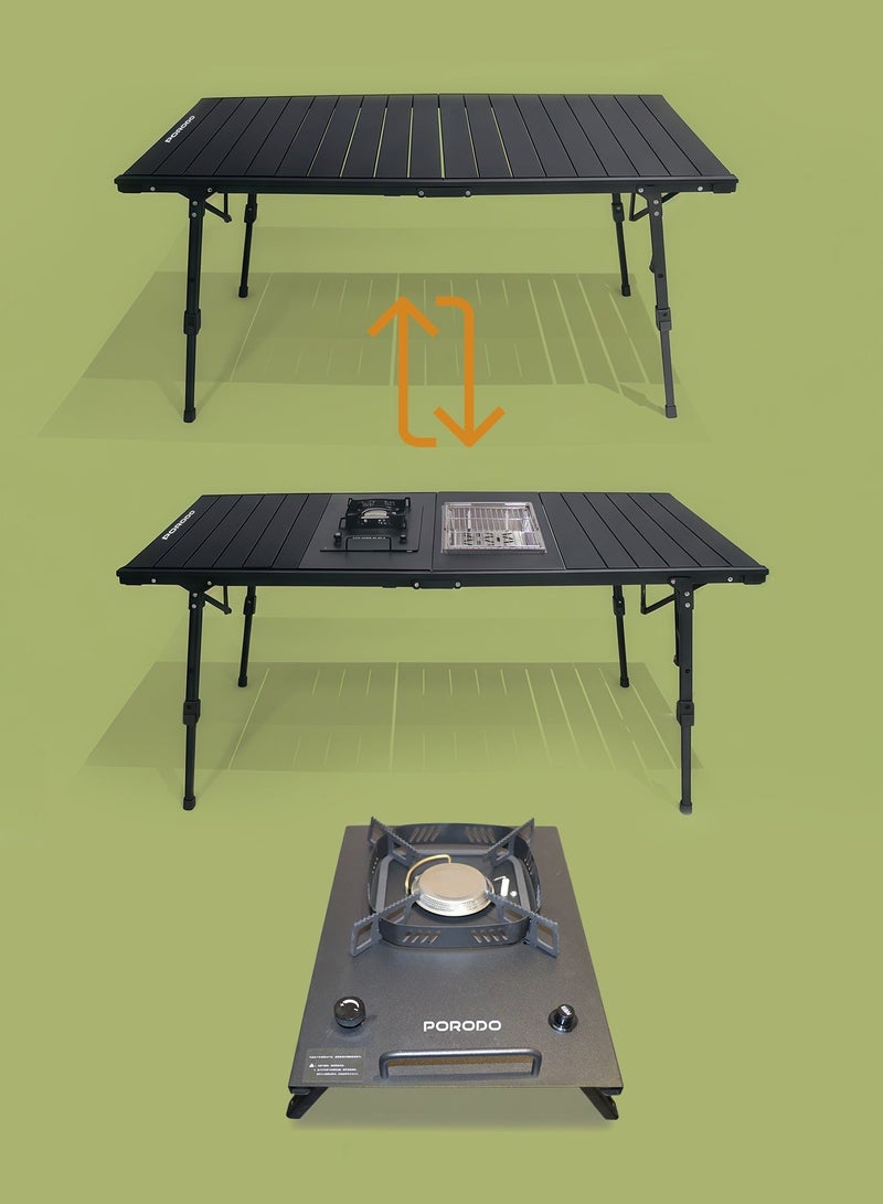 porodo All-In-One Outdoor Folding Table With Stove & Grill / Camping Trip / BBQ Outdoor / Easy & Quick Setup / 65cm Adjustable Height / Garden & Terrace / Barbecue - Black - Image 5