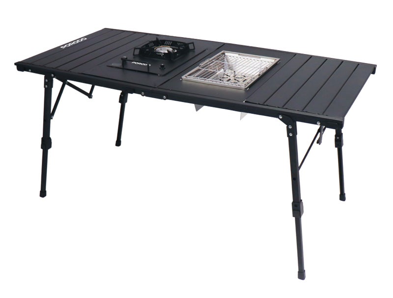 porodo All-In-One Outdoor Folding Table With Stove & Grill / Camping Trip / BBQ Outdoor / Easy & Quick Setup / 65cm Adjustable Height / Garden & Terrace / Barbecue - Black - Image 1