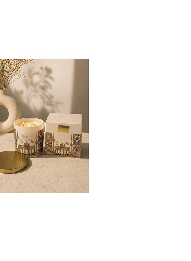 KAMAYA Scented candle from Skyline Collection, 3 wick candle with Berlin skyline on the white glass jar with gold lid. Frgarance Sakura jasmine . Perfect for gifting .Beautiful box with gift card inside - Image 2