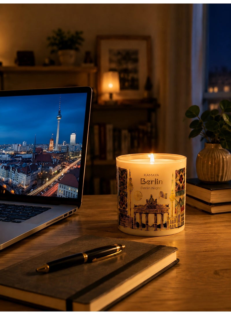 KAMAYA Skyline Collection Berlin Nights Scented Candle | 3 wick 400gms Scented Candle | Berlin Skyline White Glass Jar With Gold Lid | Sakura Jasmine Fragrance - Image 1