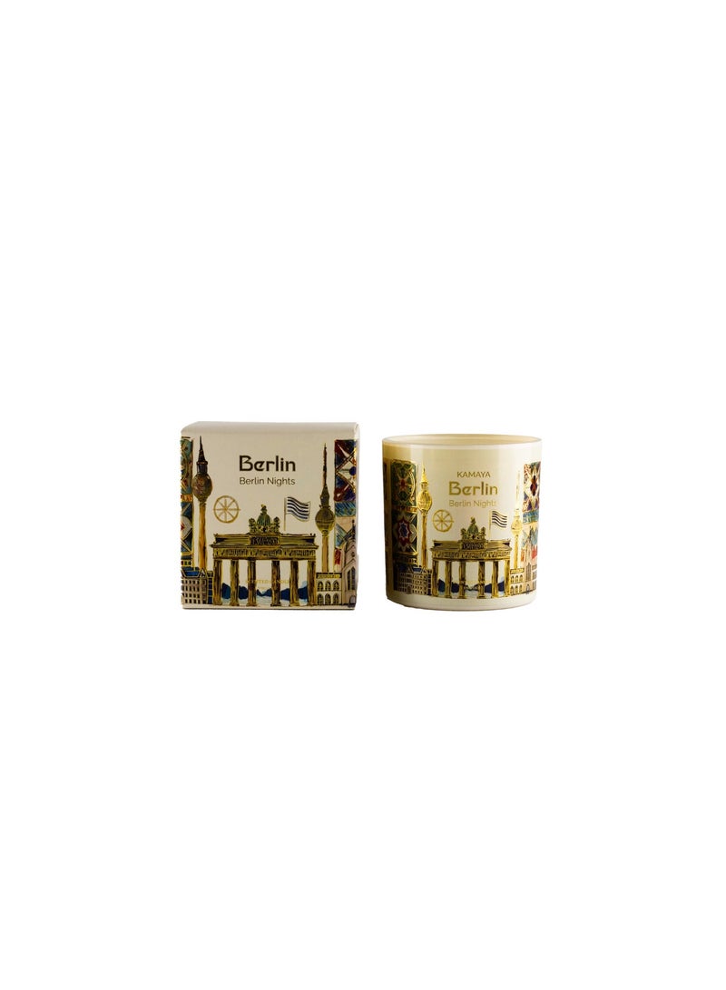KAMAYA Skyline Collection Berlin Nights Scented Candle | 3 wick 400gms Scented Candle | Berlin Skyline White Glass Jar With Gold Lid | Sakura Jasmine Fragrance - Image 2