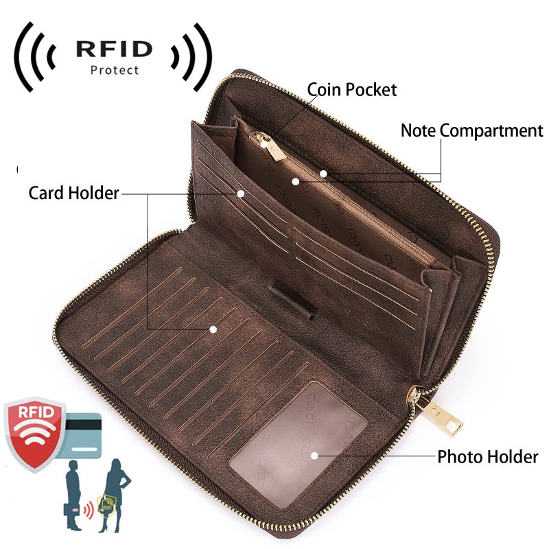 CLUCI Women Wallet Large Leather RFID Blocking Designer Zip Around Card Holder Organizer Ladies Travel Clutch Wristlet Coffee - Image 3