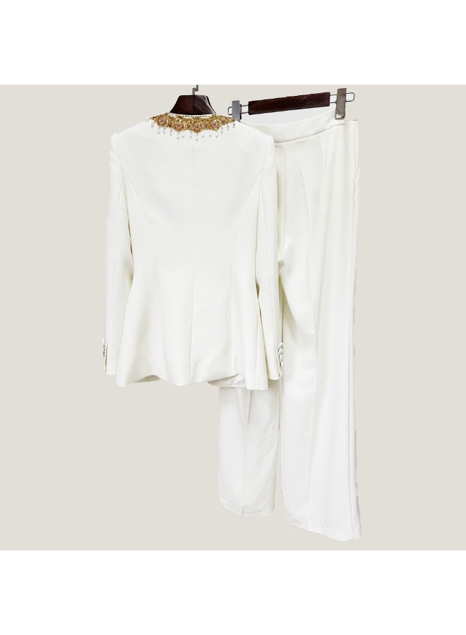 مدام يونيك طقم بدلة سروال واسع بياقة على شكل V مع تطريز ثقيل وزخارف لؤلؤة بأسلوب بوهيمي - Image 3