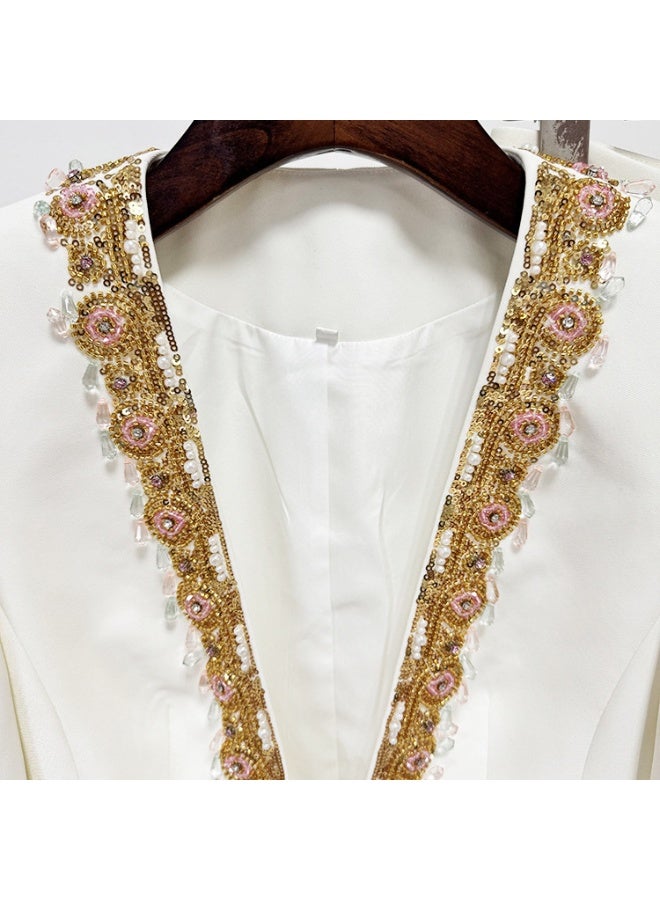 مدام يونيك طقم بدلة سروال واسع بياقة على شكل V مع تطريز ثقيل وزخارف لؤلؤة بأسلوب بوهيمي - Image 4