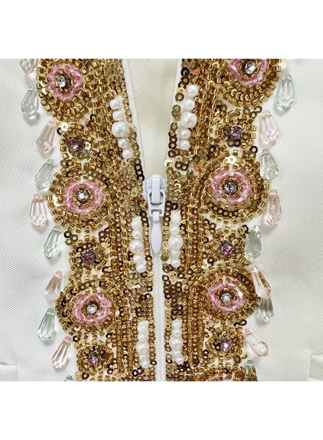 مدام يونيك طقم بدلة سروال واسع بياقة على شكل V مع تطريز ثقيل وزخارف لؤلؤة بأسلوب بوهيمي - Image 5