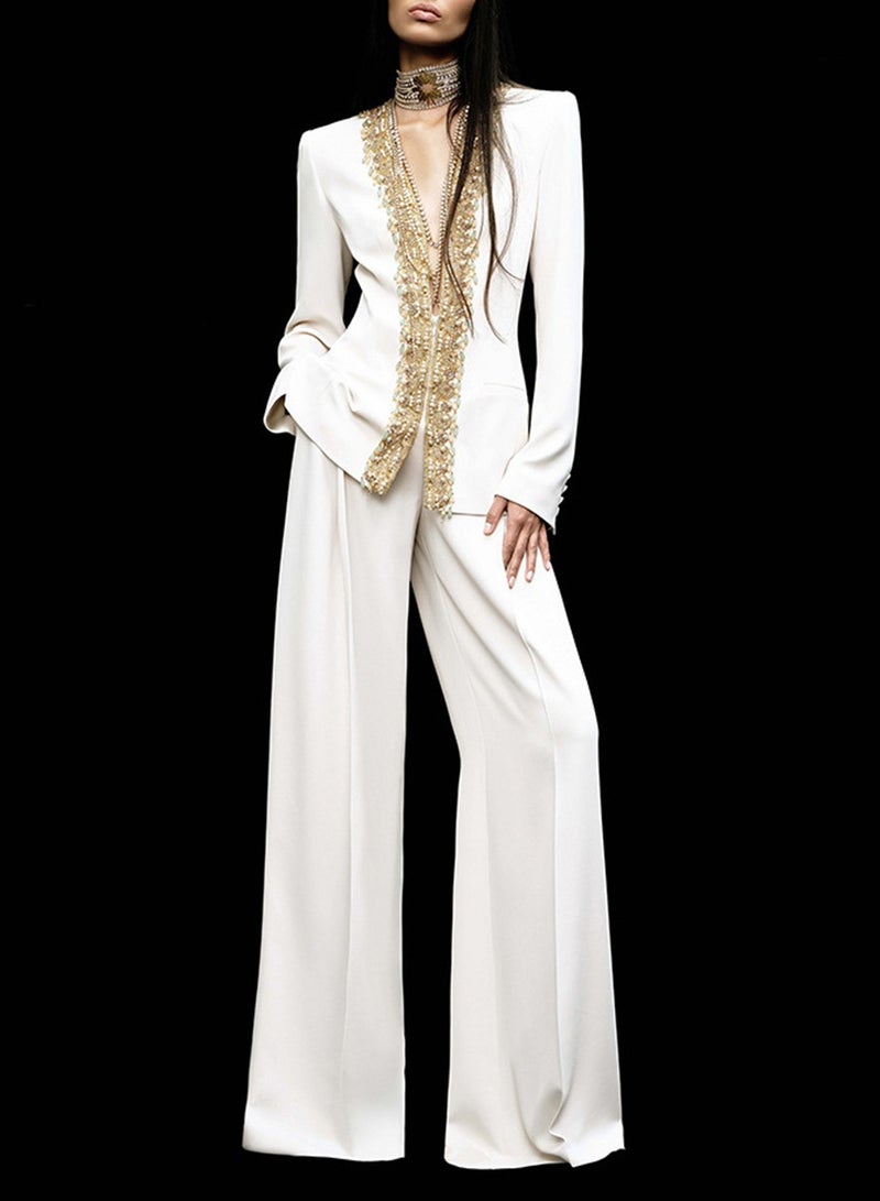 مدام يونيك طقم بدلة سروال واسع بياقة على شكل V مع تطريز ثقيل وزخارف لؤلؤة بأسلوب بوهيمي - Image 1