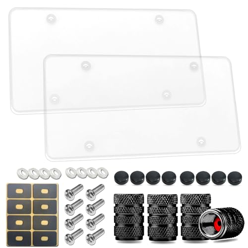 ZXFOOG 2 Pack License Plate Covers- Clear Flat License Plate Cover, Novelty Unbreakable Car Tag Frame Protector for Vehicles/Trucks, with Screws, Black Caps, Rattle Proof Pads, Tire Valve Caps - Image 1