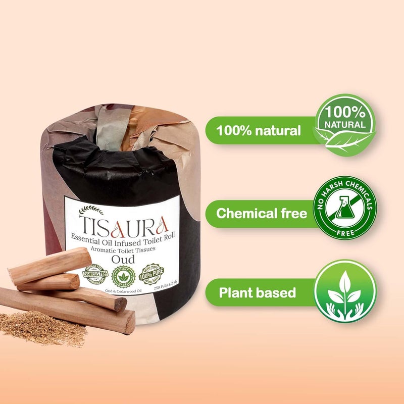 TISAURA Oud Aromatic Toilet Rolls With Bathroom Freshener (Oud Aroma) 2 Ply, 250 Pulls (Pack of 2), 500 Pulls Total - Luxurious Aroma with 100% Pure Plant Based Essenial Oils - Image 4