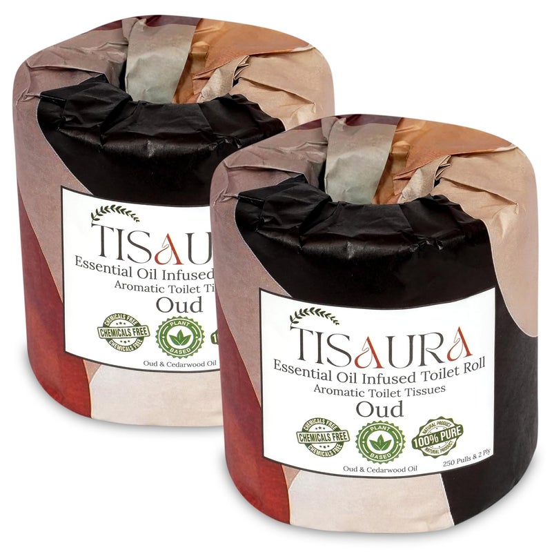 TISAURA Oud Aromatic Toilet Rolls With Bathroom Freshener (Oud Aroma) 2 Ply, 250 Pulls (Pack of 2), 500 Pulls Total - Luxurious Aroma with 100% Pure Plant Based Essenial Oils - Image 1