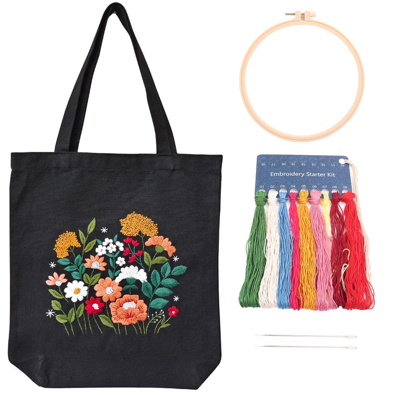 MAMUNU MAMUNU Canvas Tote Bag Embroidery Kit with Pattern for Beginners Arts and DIY Crafts Kits for Adults Include Instructions Embroidery Bag Embroidery Hoops Color Threads and Tool Black 