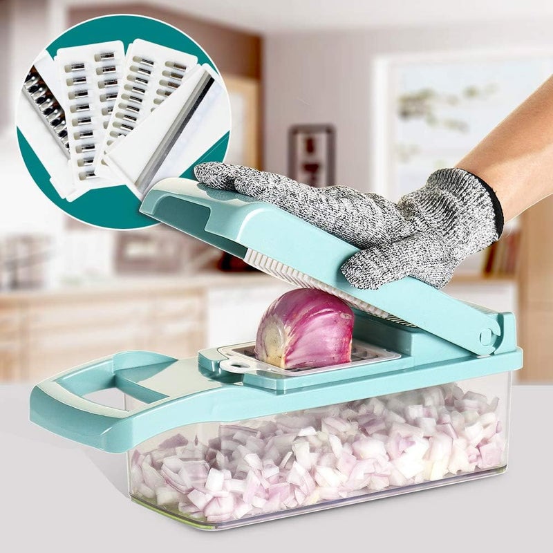 Cambom Vegetable Chopper, Multifunctional Vegetable Cutter Onion Chopper Mandoline Slicer Dicer with Colander Basket and Container 8 Interchangeable Blades - Image 2