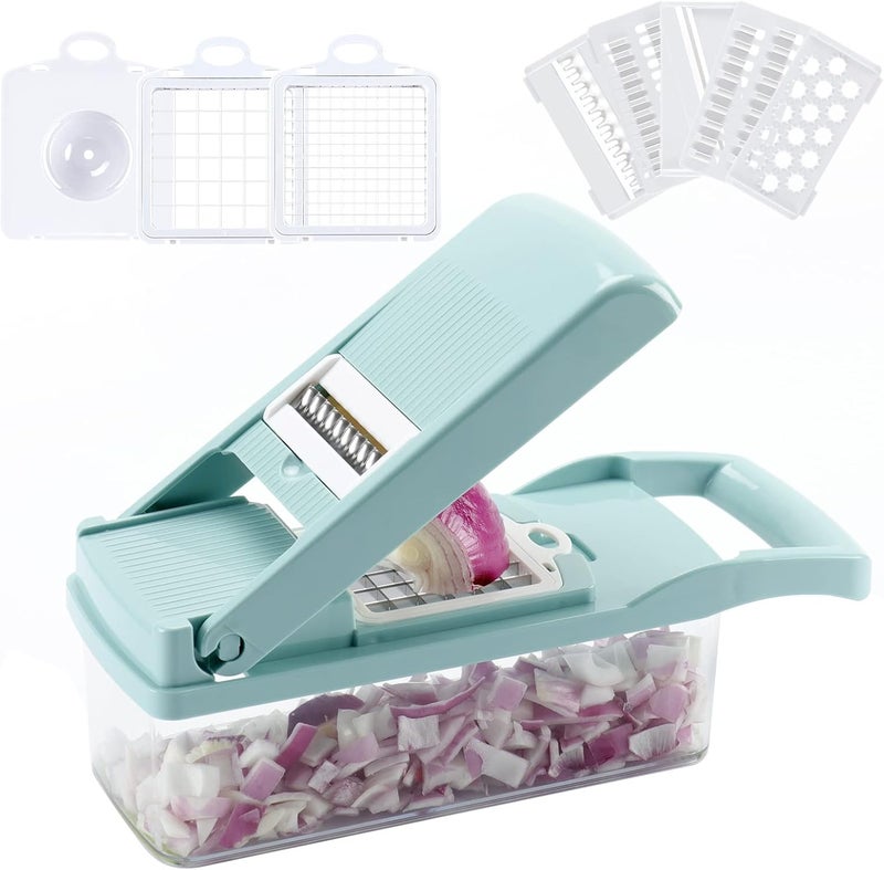 Cambom Vegetable Chopper, Multifunctional Vegetable Cutter Onion Chopper Mandoline Slicer Dicer with Colander Basket and Container 8 Interchangeable Blades - Image 1