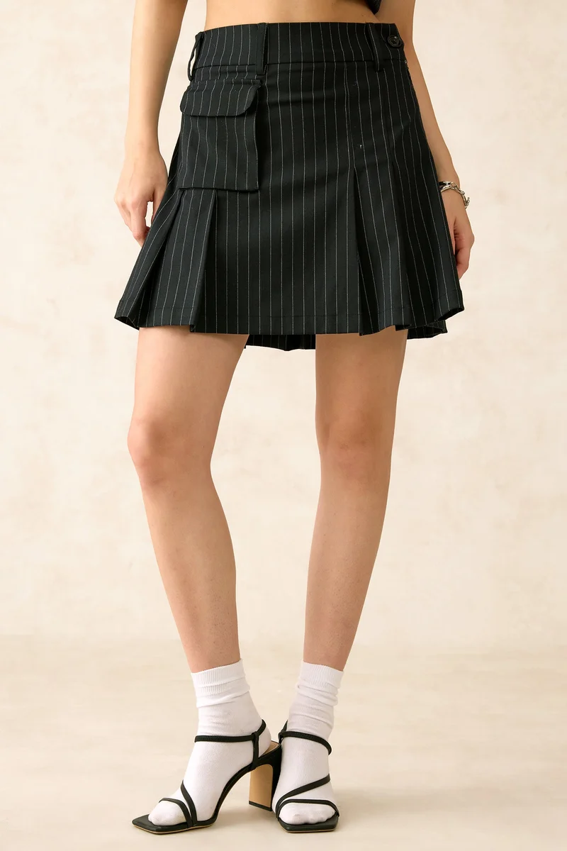 Virgio Stripes Viscose Stretch Mini Pleated Skirt for Women