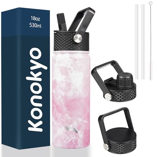 Konokyo 18 oz Insulated Water Bottle Stainless Steel Sport Bottles with 3 Lids,Marble Blossom - Image 1