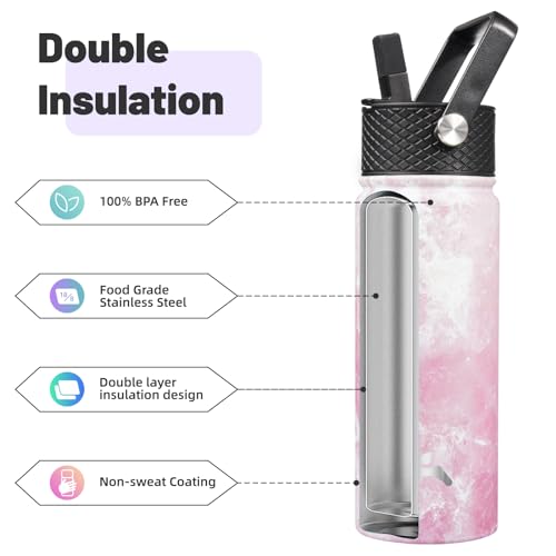 Konokyo 18 oz Insulated Water Bottle Stainless Steel Sport Bottles with 3 Lids,Marble Blossom - Image 4