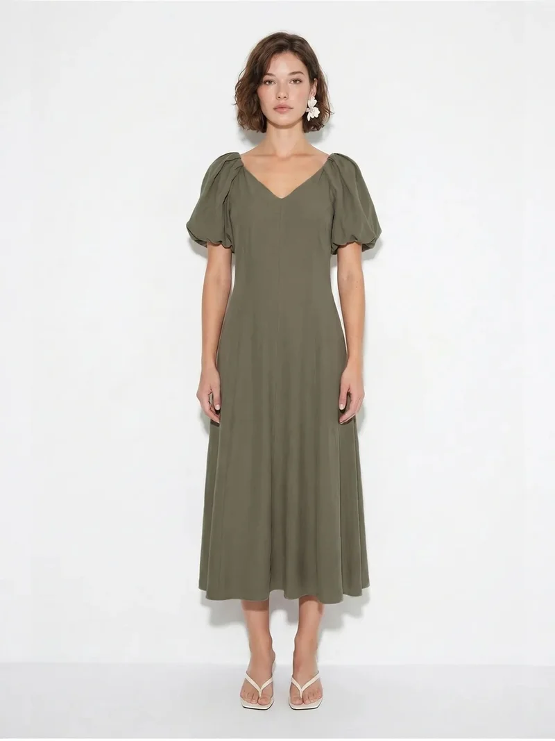 Bianco Lucci Khaki Green LUCCI A-line Midi Dress With V-neck And Zipper for Women | Best Price UAE