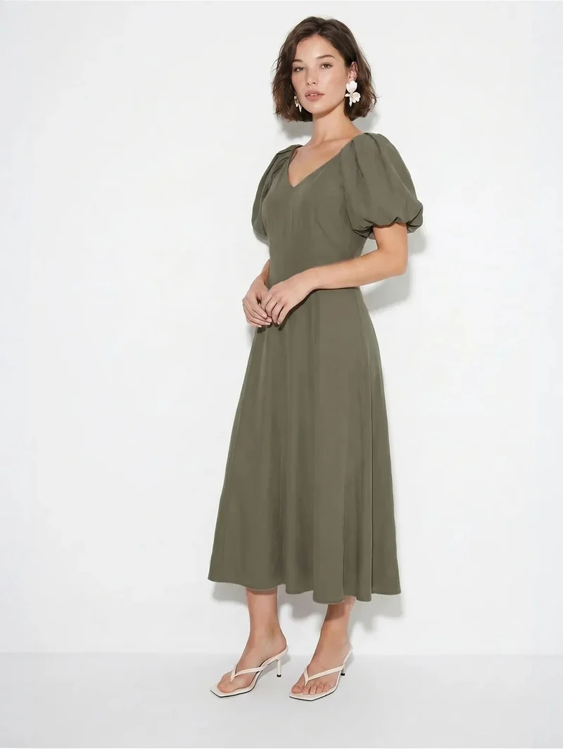 Bianco Lucci Khaki Green LUCCI A-line Midi Dress With V-neck And Zipper for Women | Best Price UAE