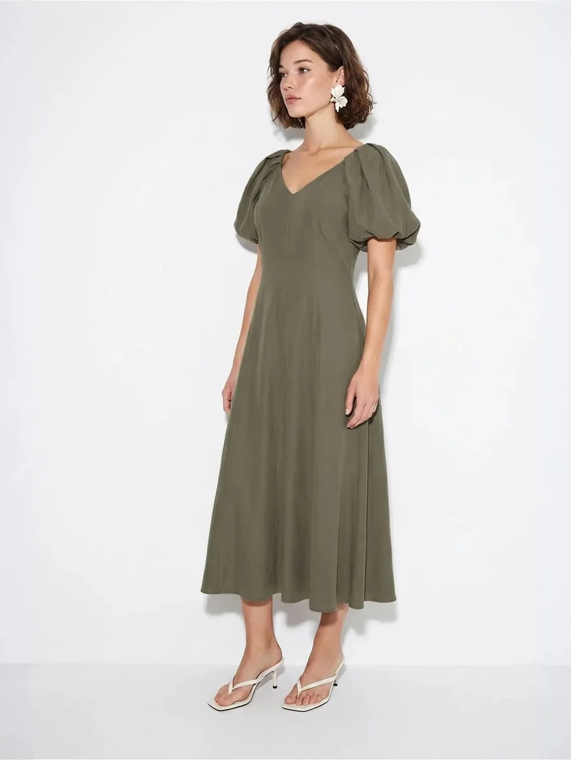 Bianco Lucci Khaki Green LUCCI A-line Midi Dress With V-neck And Zipper for Women | Best Price UAE