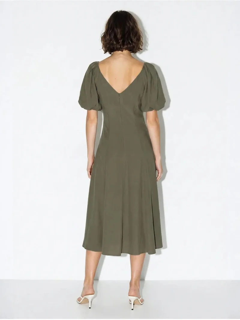 Bianco Lucci Khaki Green LUCCI A-line Midi Dress With V-neck And Zipper for Women | Best Price UAE