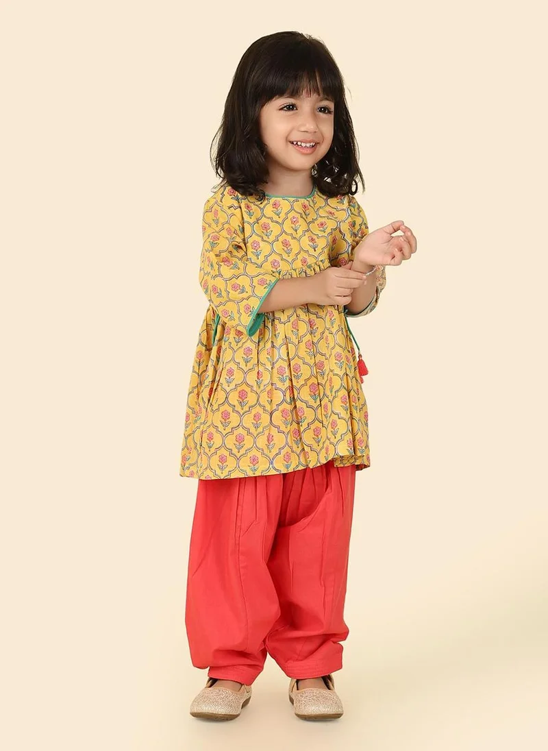 Fabindia Yellow Cotton Hand Block Printed Kurta & Salwar