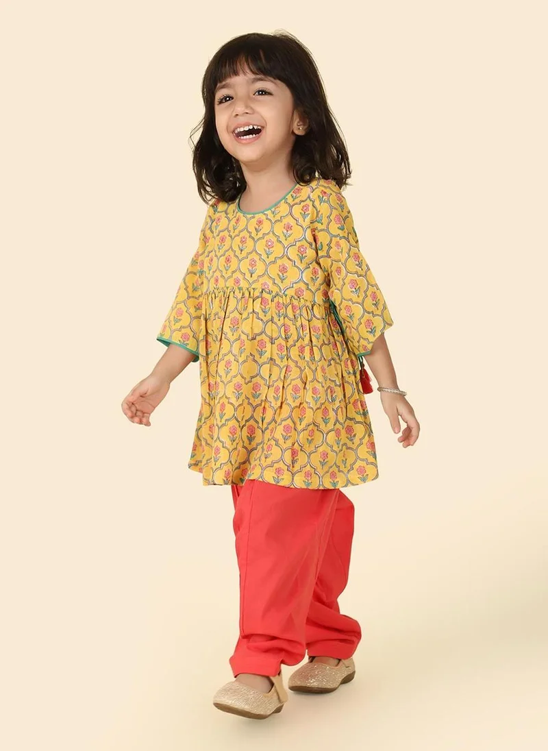 Fabindia Yellow Cotton Hand Block Printed Kurta & Salwar