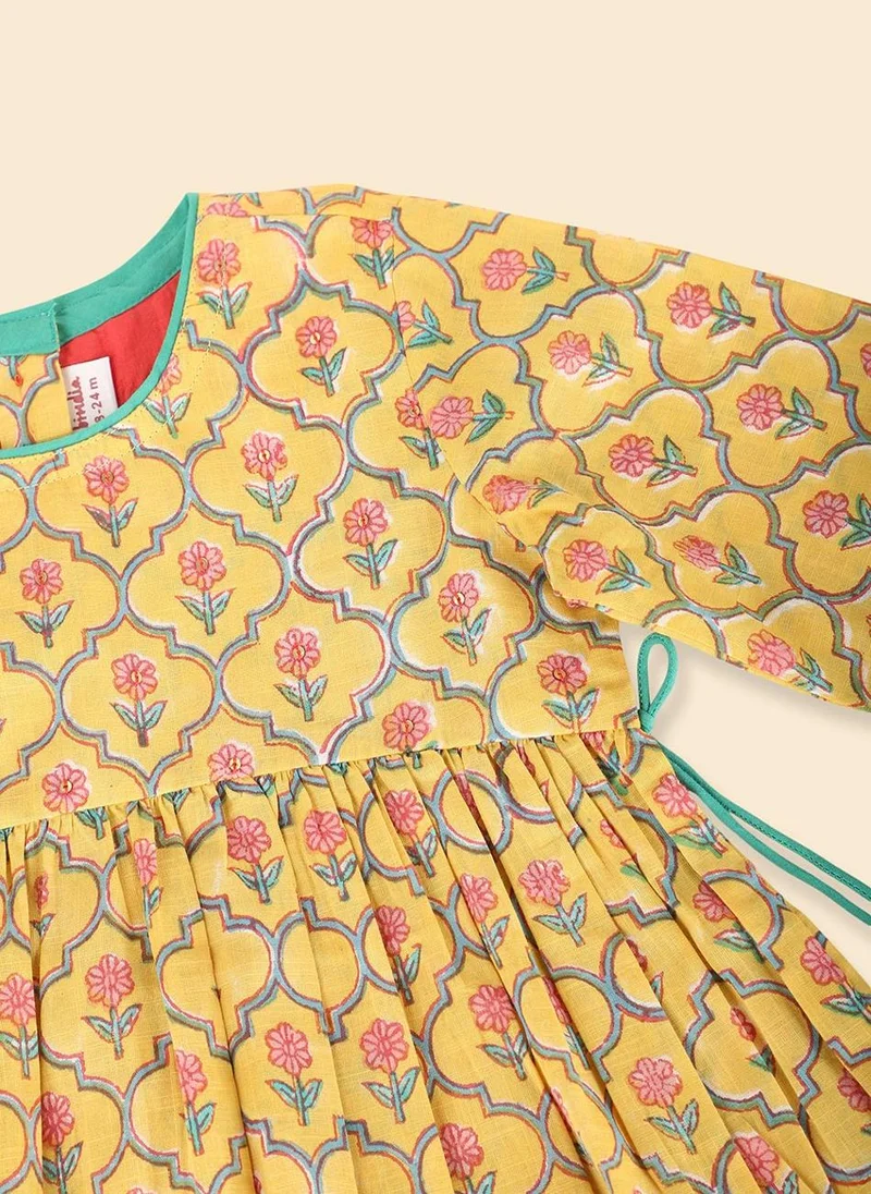 Fabindia Yellow Cotton Hand Block Printed Kurta & Salwar